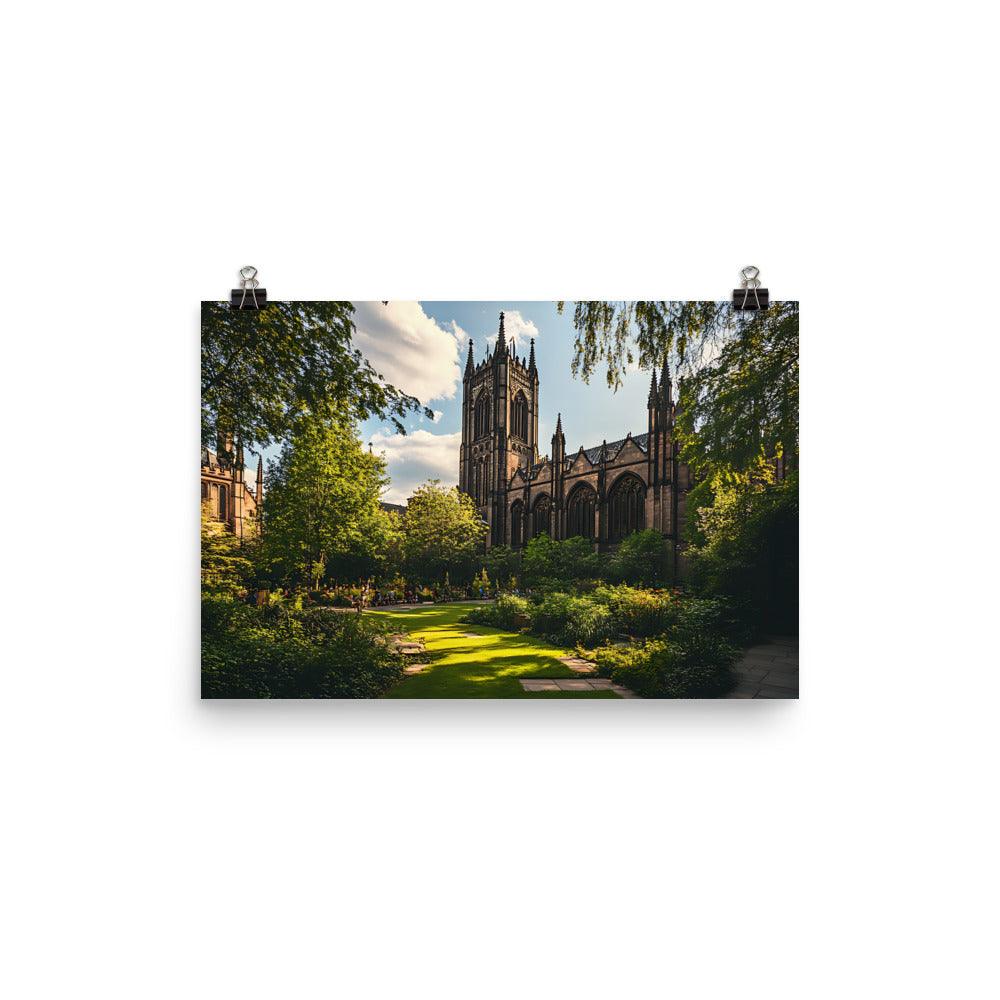 Manchester Cathedral Tranquil Garden View in Warm Sunlight Poster - Oh Posters