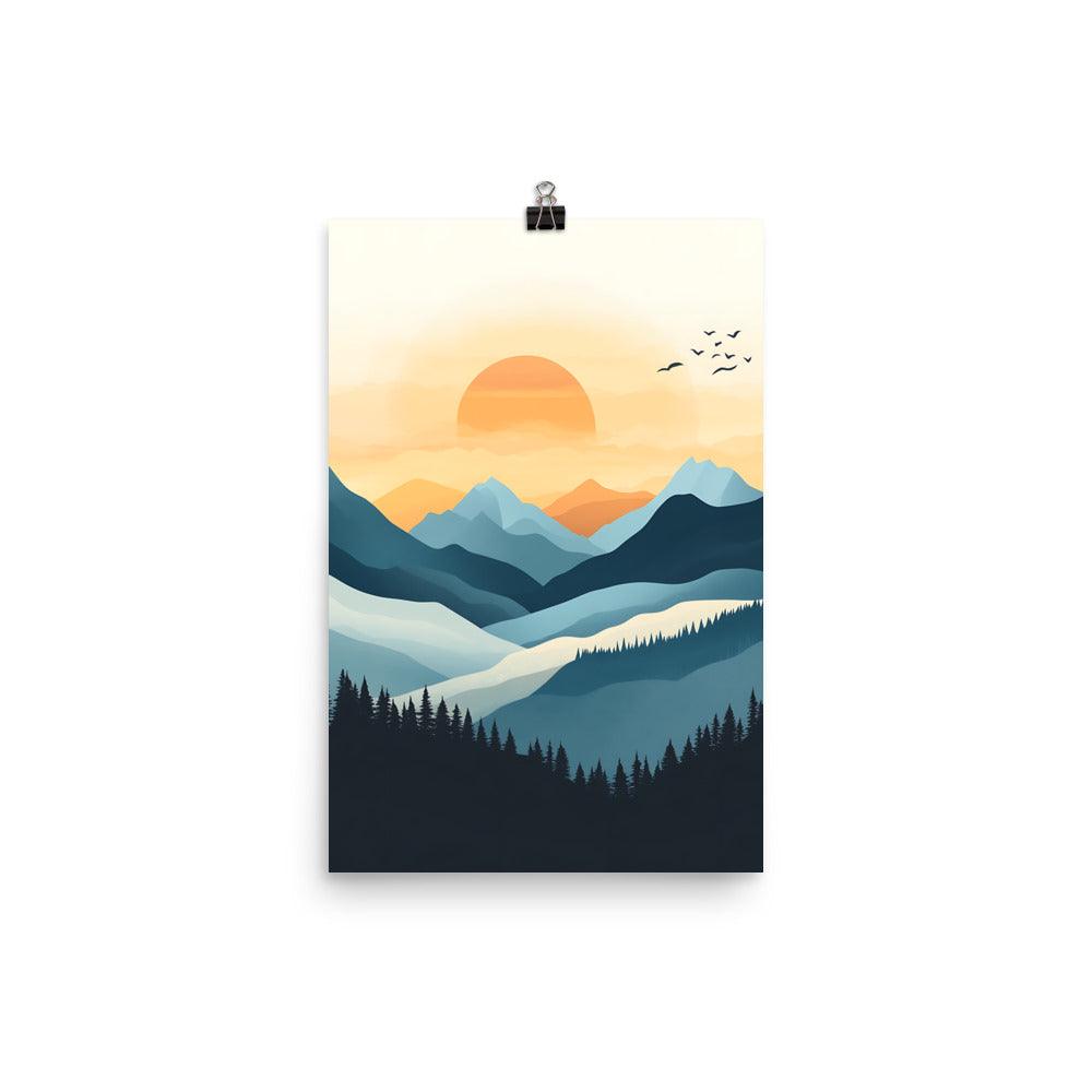 Boho Mountain Sunset Landscape with Birds and Forest Silhouette Poster - Oh Posters