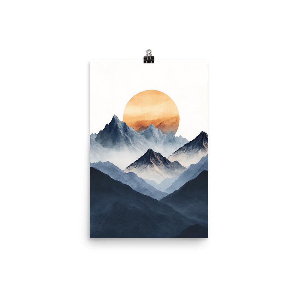 Boho Mountain Sunrise with Serene Peaks and Warm Sun Poster - Oh Posters