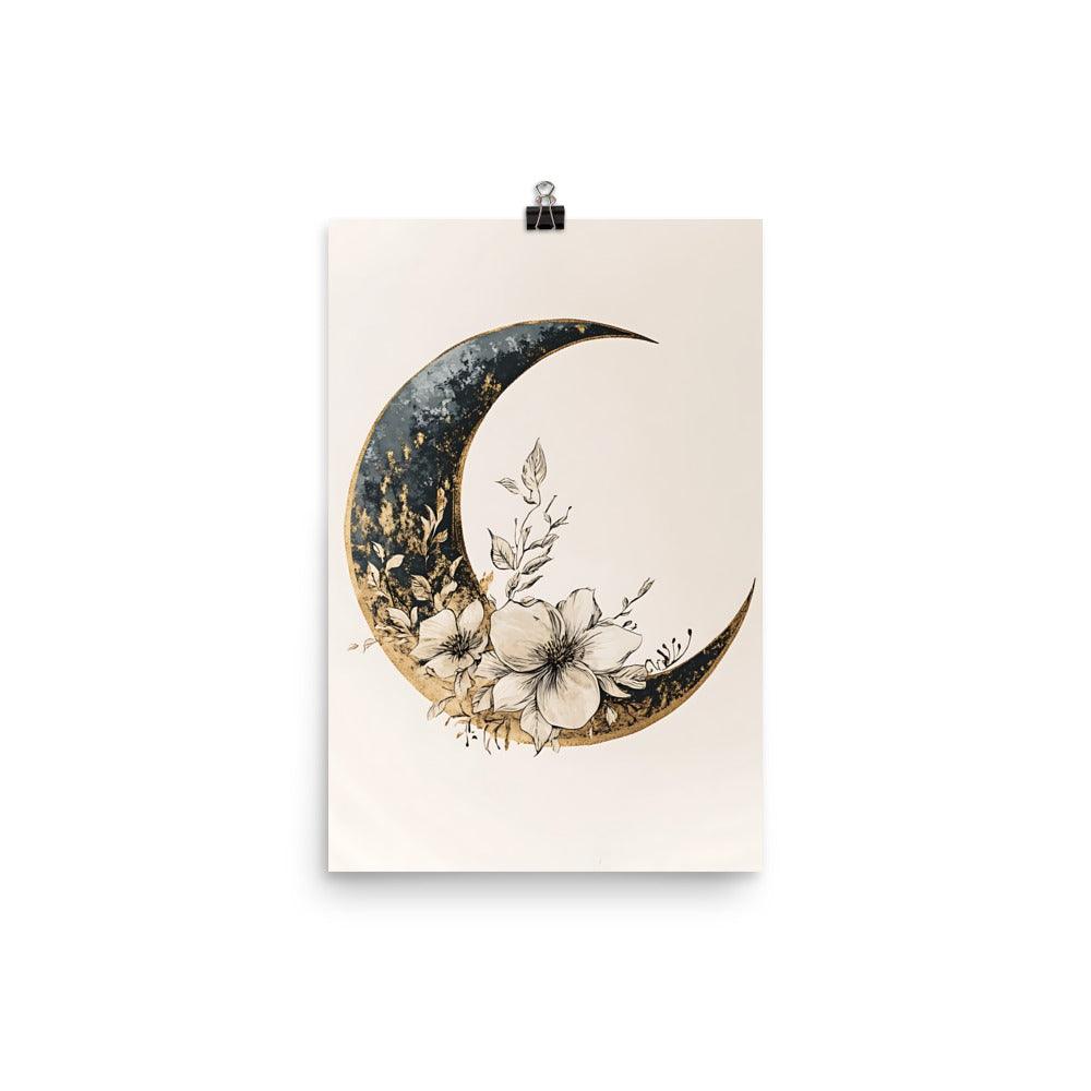 Boho Floral Crescent Moon Art with Elegant Botanical Details Poster - Oh Posters