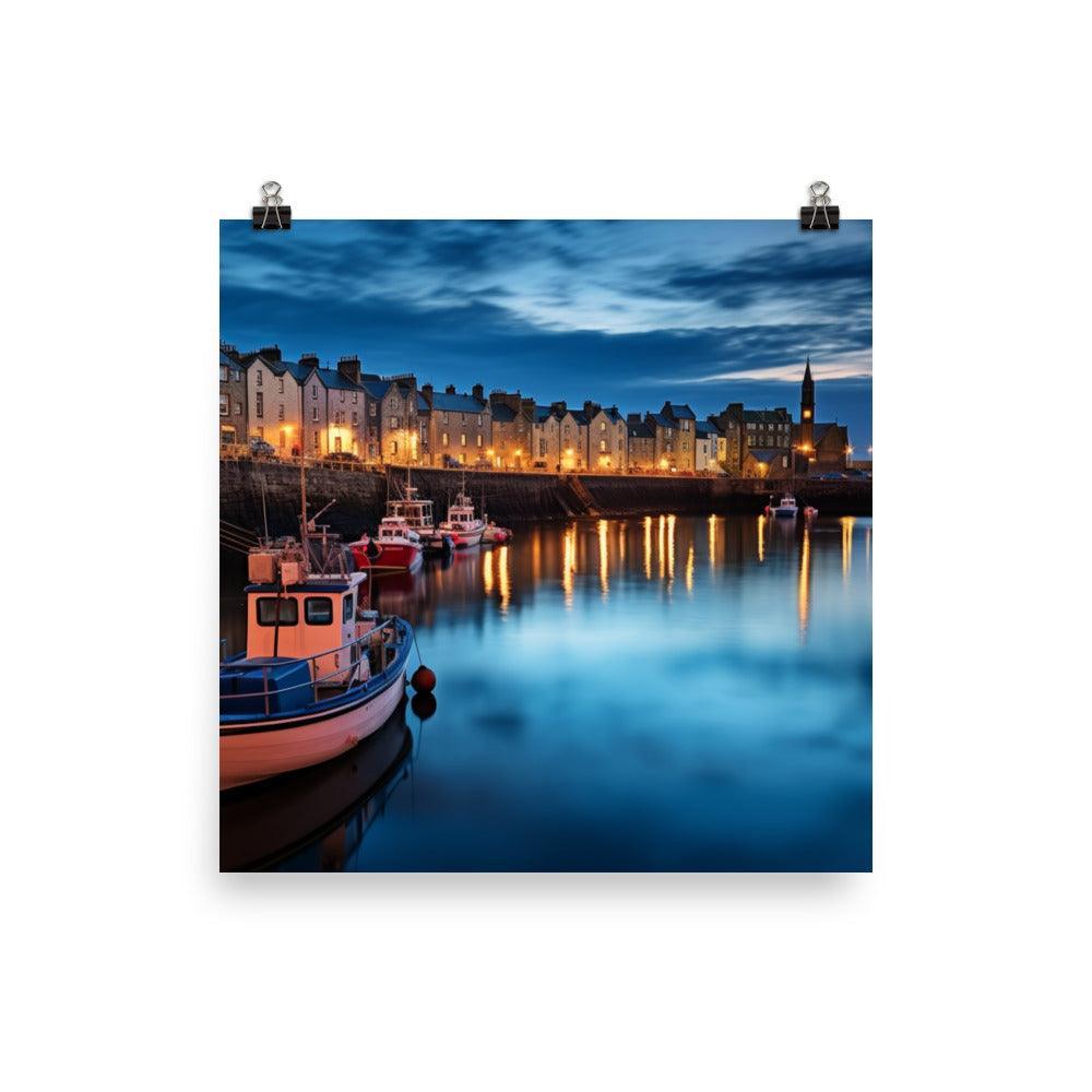 Dusk at Aberdeen Harbor Serene Scottish Waterfront and Boats Poster - Oh Posters