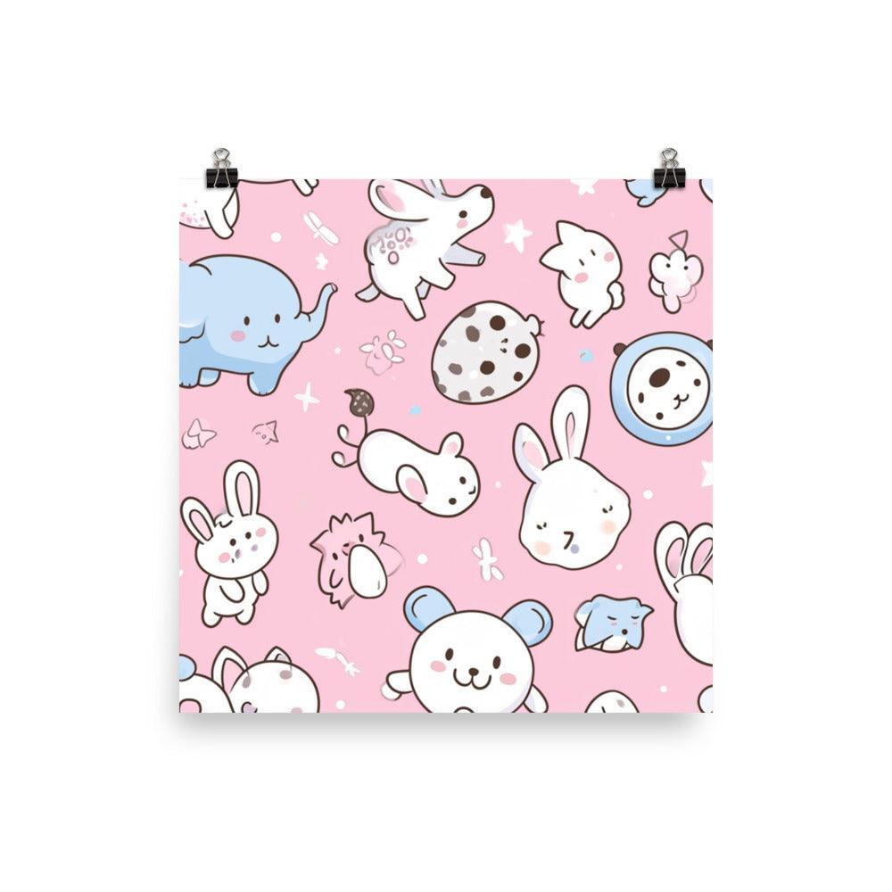 Kawaii Animals Characters Pattern on Pink Background Poster - Oh Posters