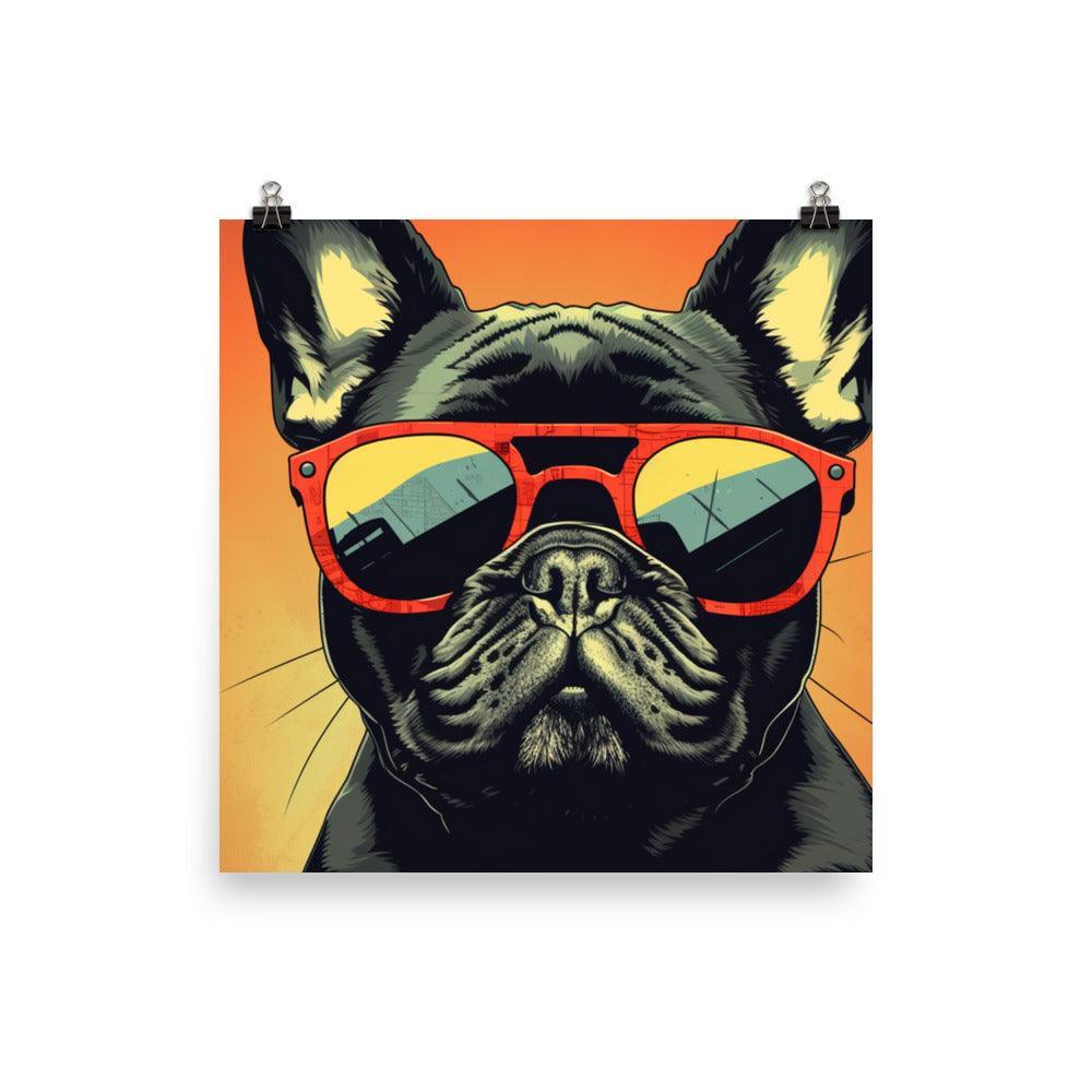 Cool French Bulldog with Sunglasses Vector Art Sunset Tone Poster - Oh Posters