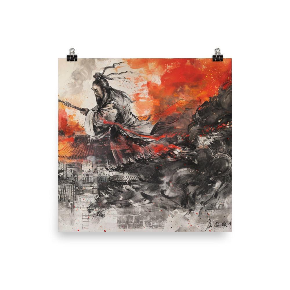 China Ancient Warrior and Dragon Battle Ink Painting Poster - Oh Posters