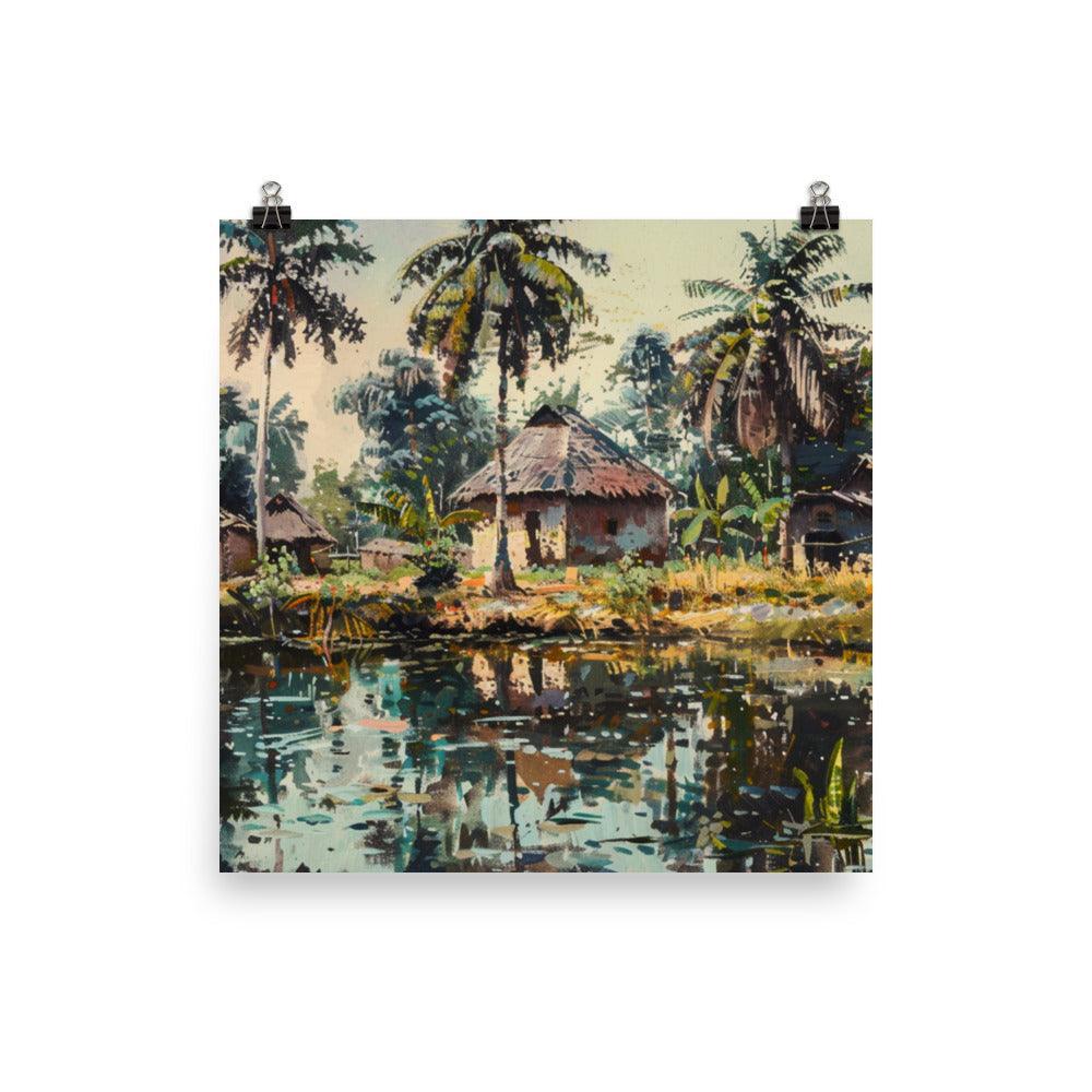 Côte d’Ivoire Riverside Village Tropical Painting Poster - Oh Posters