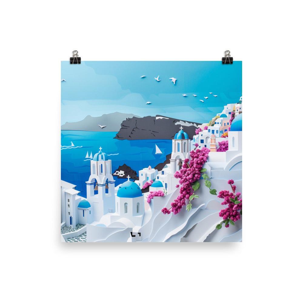 Greece Santorini Blooming Flowers Coastal Scene Poster - Oh Posters