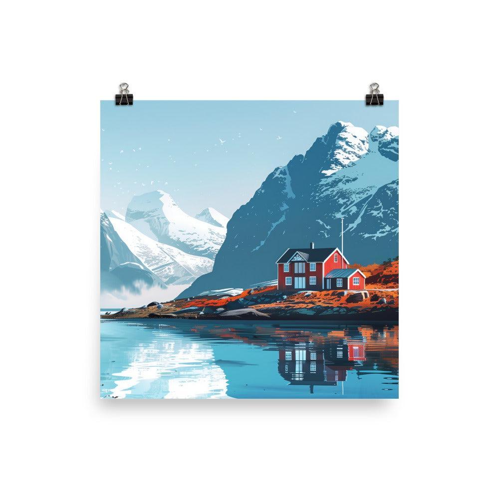 Norway Fjordside Cottage in Snowy Mountains Poster - Oh Posters