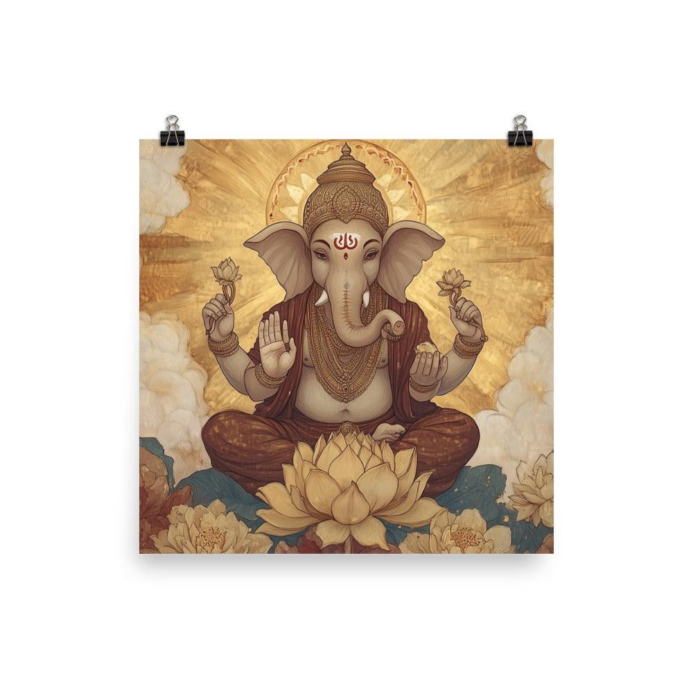 Golden Ganesh with Lotus Blossoms Peaceful Spiritual Artwork Poster - Oh Posters