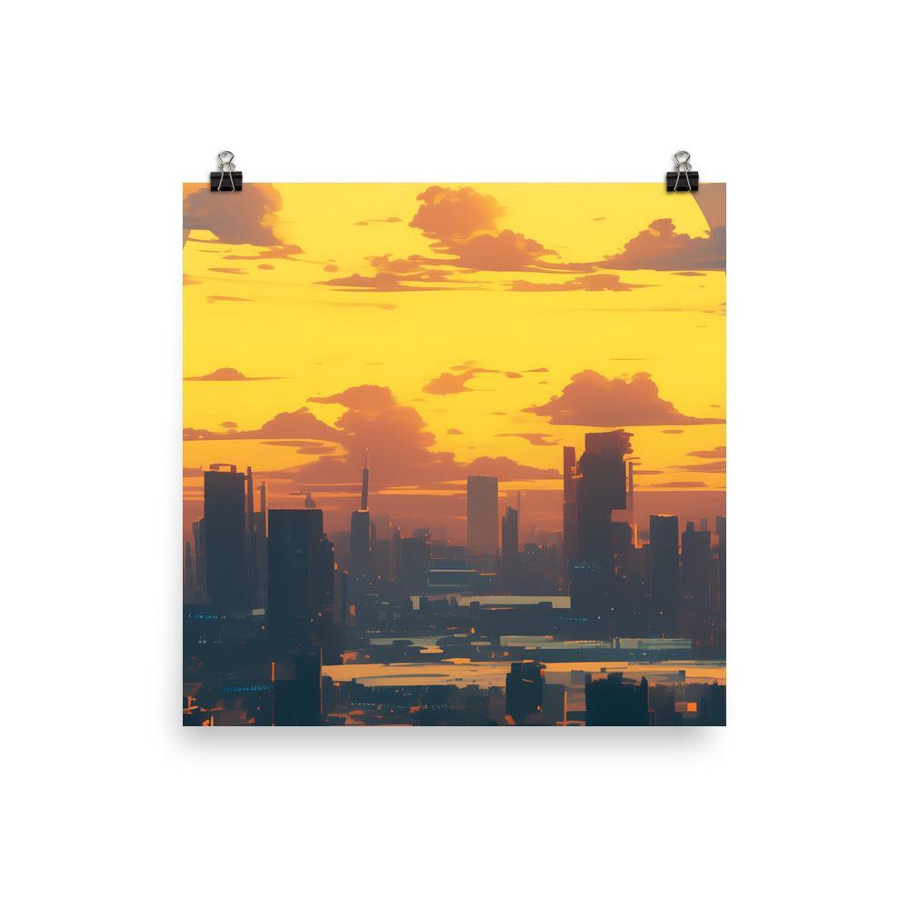 Futuristic Cityscape at Sunrise with Giant Sun and Towering Skyscrapers Digital Art Poster - Oh Posters