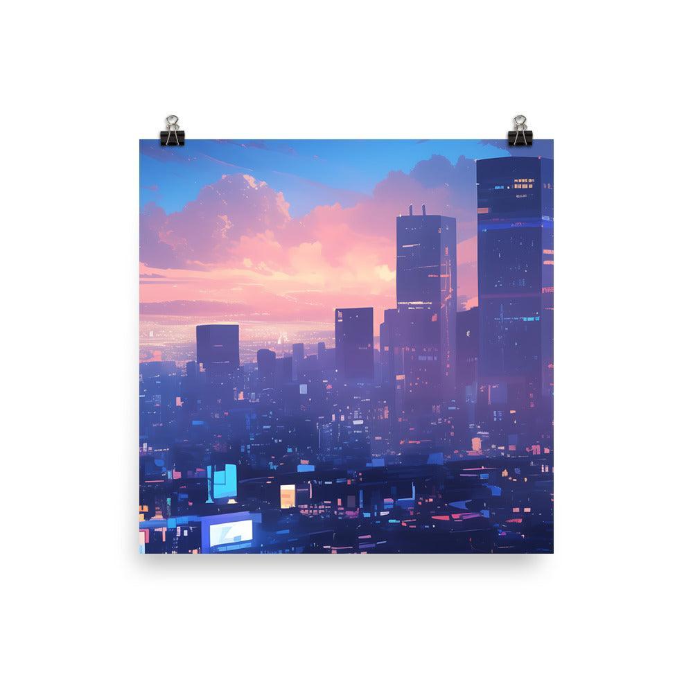 Illuminated City Skyline at Twilight with Full Moon and Vibrant Colors Art Poster - Oh Posters