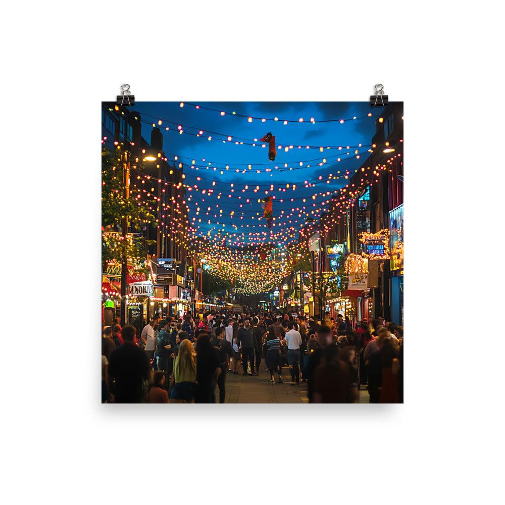 Manchester City Nightlife Street View with Festive Lights Poster - Oh Posters
