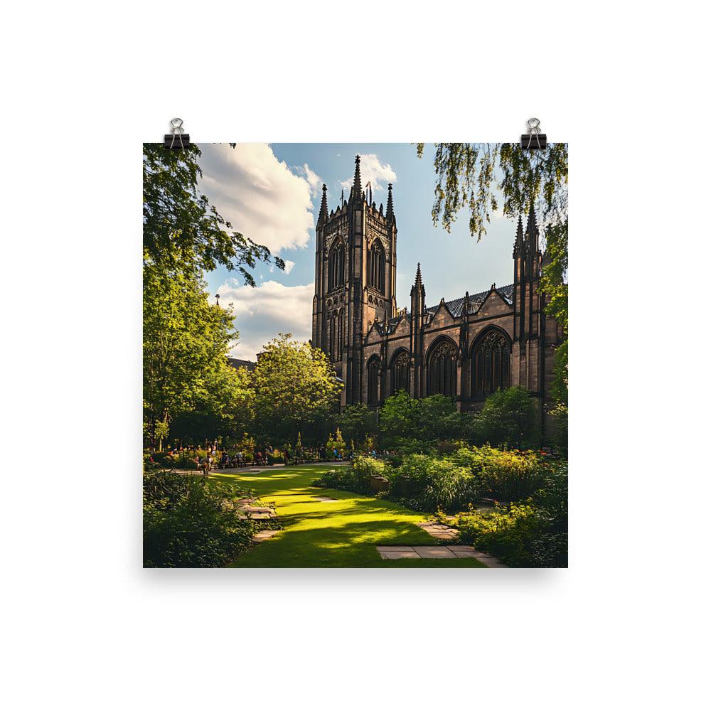 Manchester Cathedral Tranquil Garden View in Warm Sunlight Poster - Oh Posters
