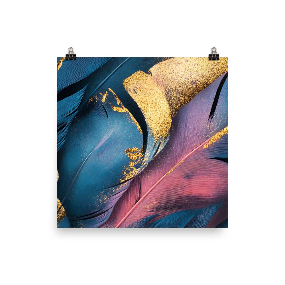 Boho Feather Vibes with Gold and Blue Hues Poster - Oh Posters