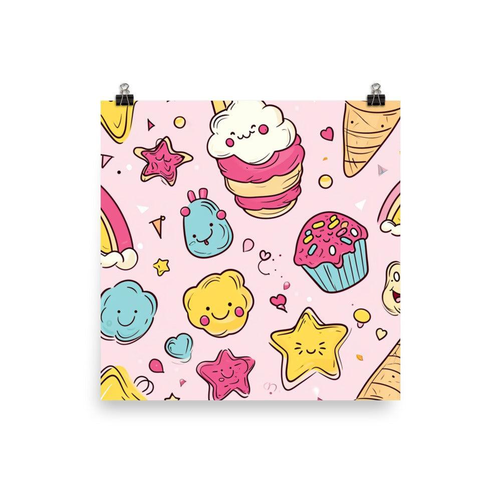 Kawaii Sweet Treats and Rainbows Pattern Cute Illustration on Pink Poster - Oh Posters