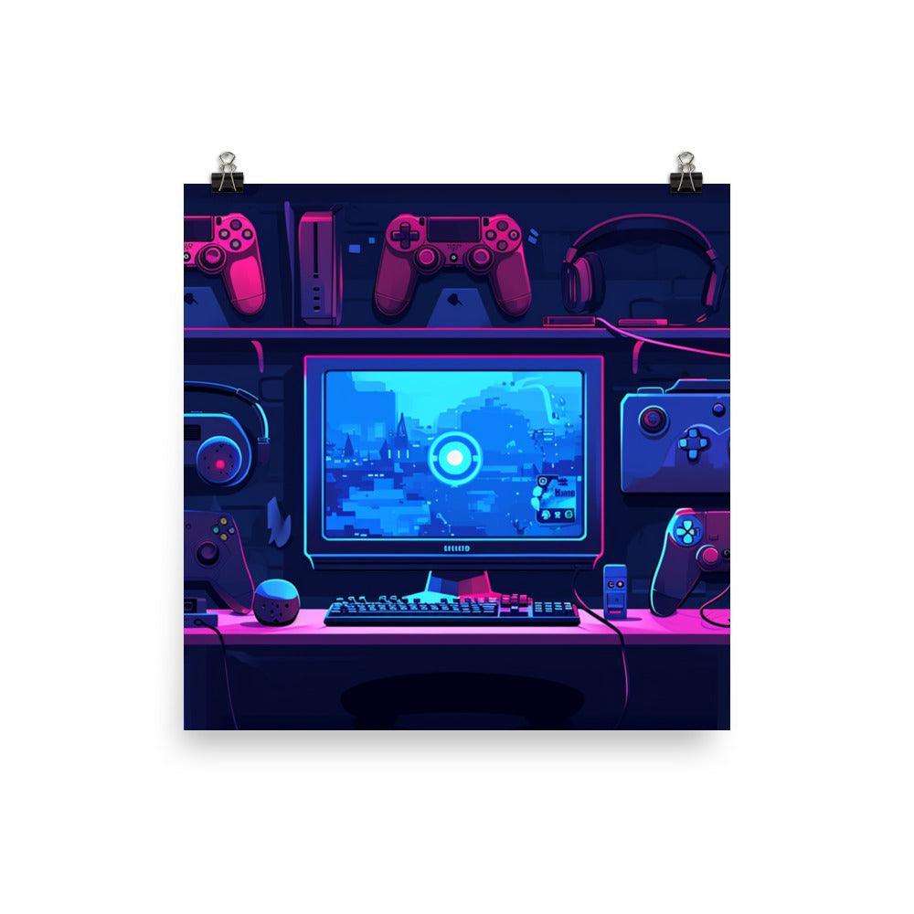 Gaming Setup Neon Glow Digital Art Poster - Oh Posters