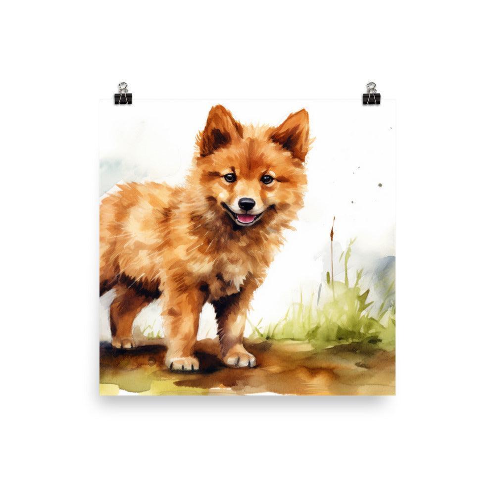 Finnish Spitz Puppy Playful Watercolor Art Poster - Oh Posters