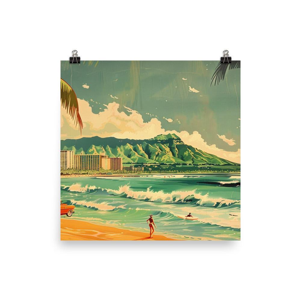 Classic Surfing Waikiki Retro Car Beach Scene Poster - Oh Posters