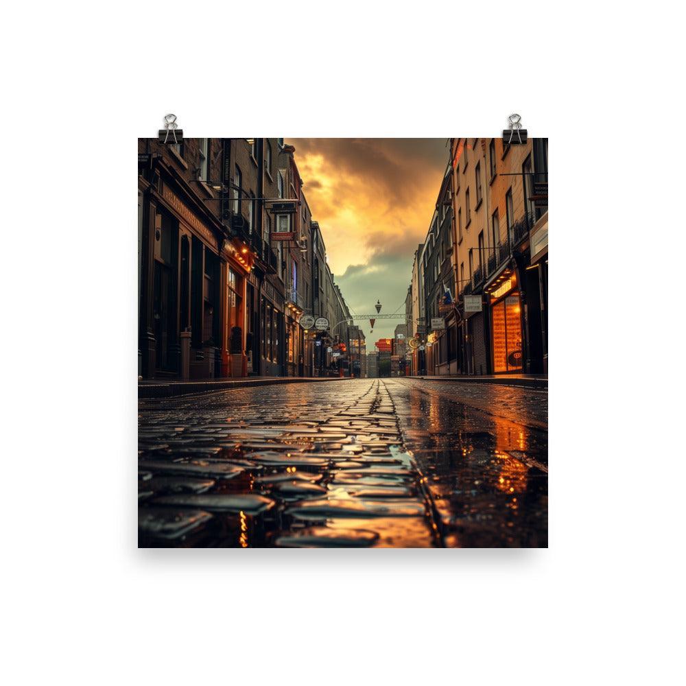 Ireland Rainy Cobblestone Street Evening Poster - Oh Posters