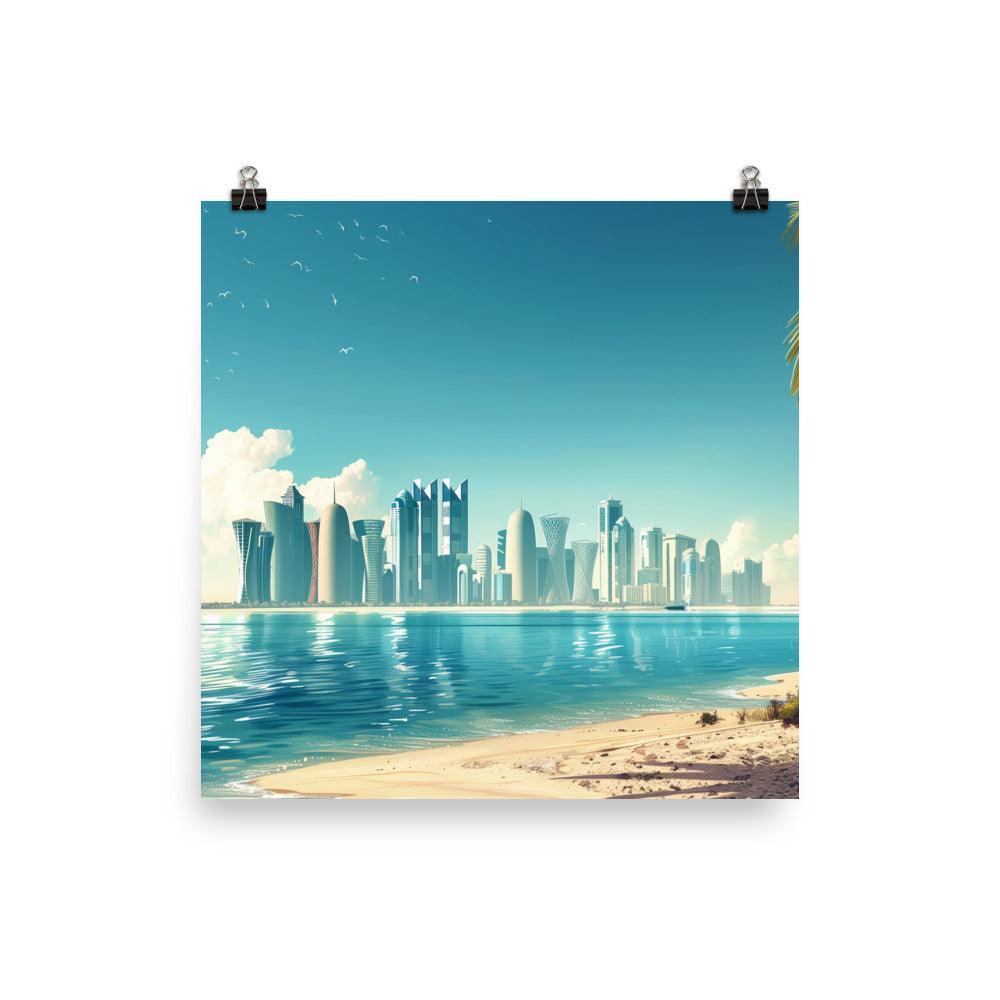 Qatar Modern Coastal Skyline Daytime Poster - Oh Posters