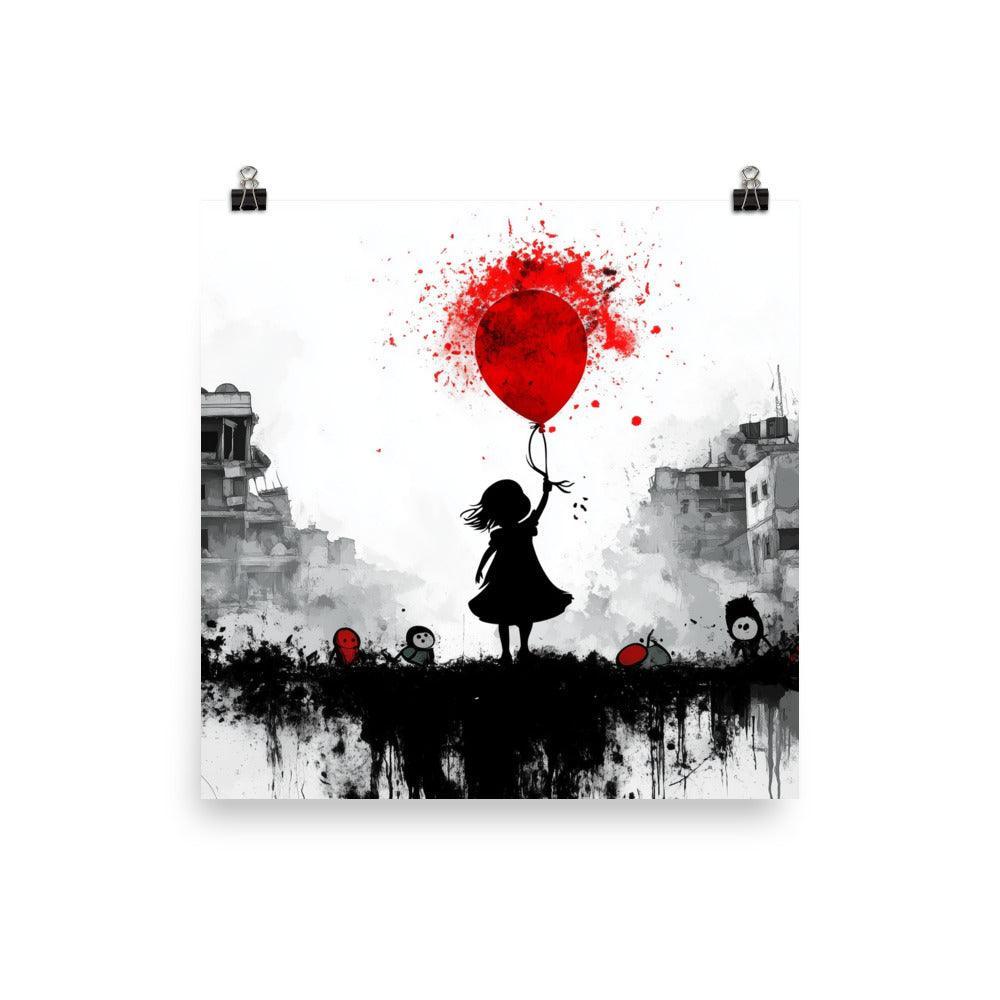 Girl with Red Balloon Amidst Urban Destruction Palestine Poster - Oh Posters