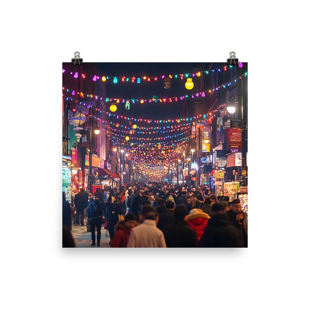 Manchester Nightlife Vibrant Streets Lights and Crowds Poster - Oh Posters