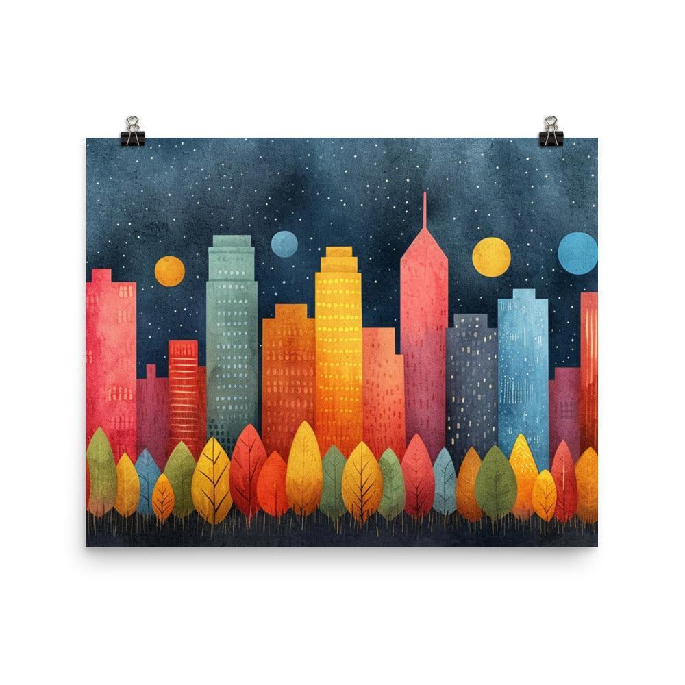 Colorful City Skyline with Night Sky Drawing Style Poster - Oh Posters