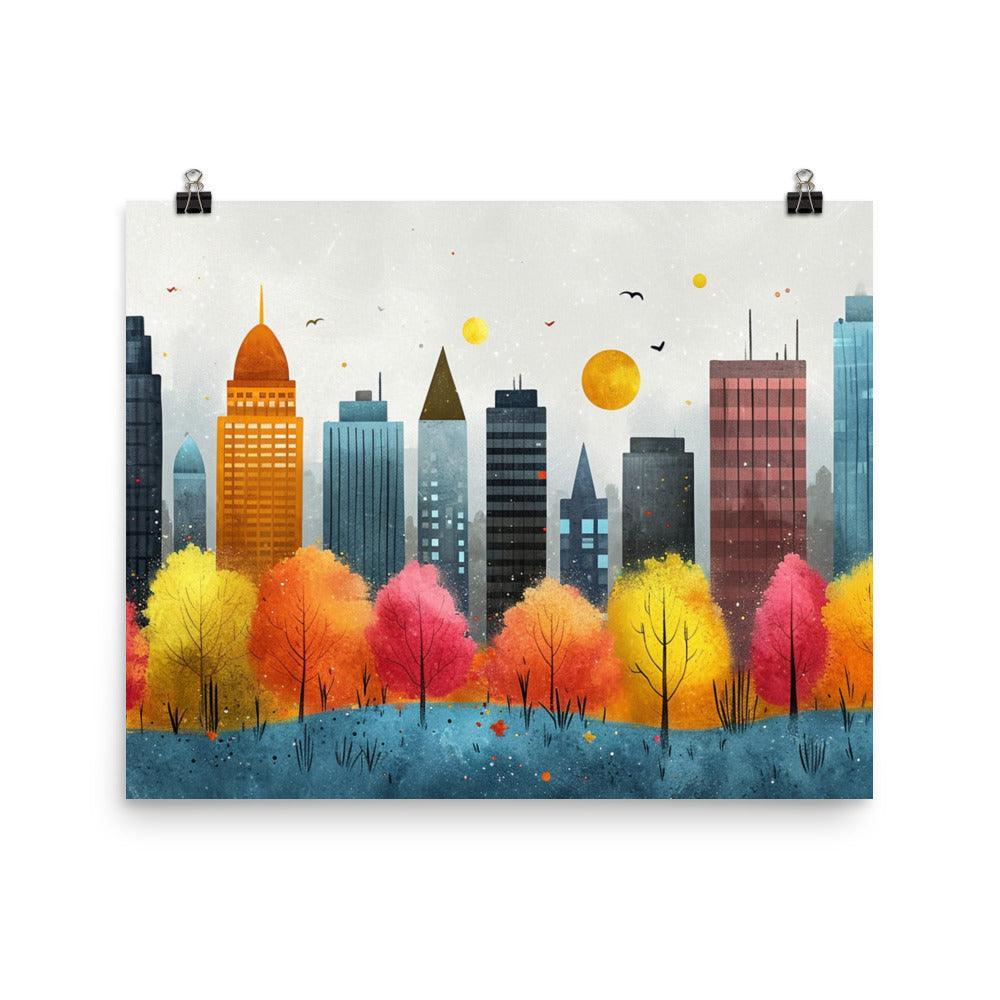 Colorful City Skyline with Cloudy Sky Drawing Style Poster - Oh Posters