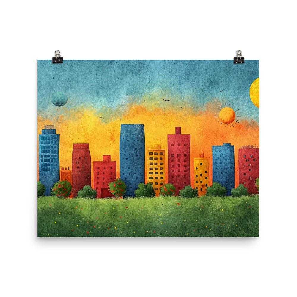 Colorful Urban City Skyline with Sunny Sky Drawing Style Poster - Oh Posters