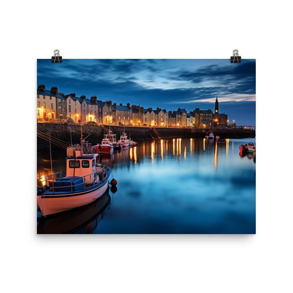 Dusk at Aberdeen Harbor Serene Scottish Waterfront and Boats Poster - Oh Posters