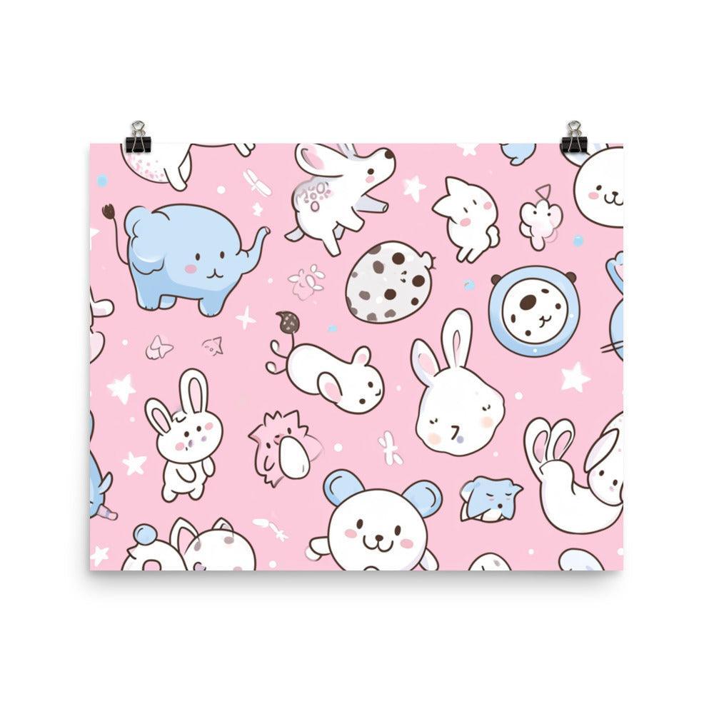 Kawaii Animals Characters Pattern on Pink Background Poster - Oh Posters