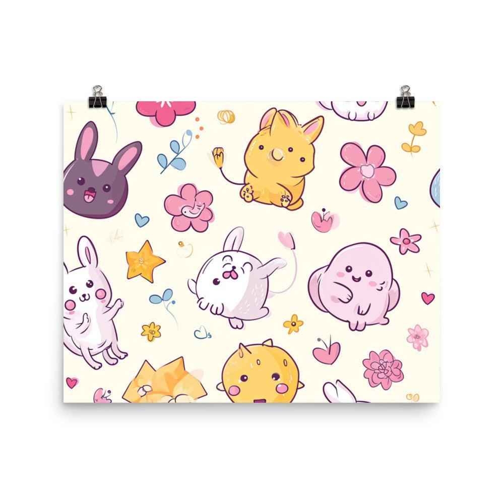 Kawaii Abstract Animals and Flowers on Pastel Wonderland Poster - Oh Posters