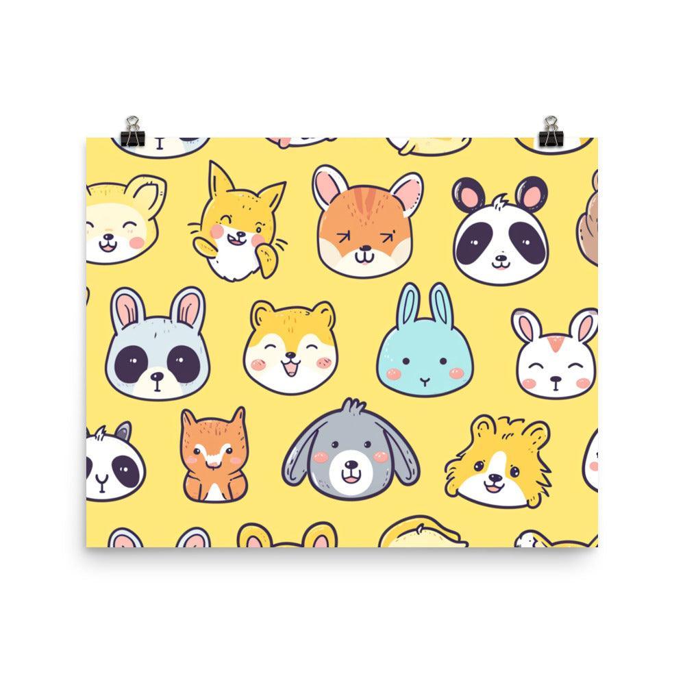 Kawaii Animal Faces Cute and Colorful Collection on Yellow Poster - Oh Posters