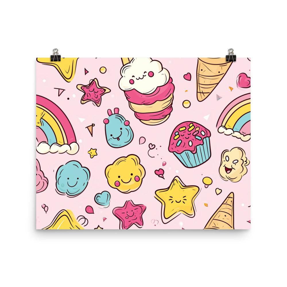 Kawaii Sweet Treats and Rainbows Pattern Cute Illustration on Pink Poster - Oh Posters