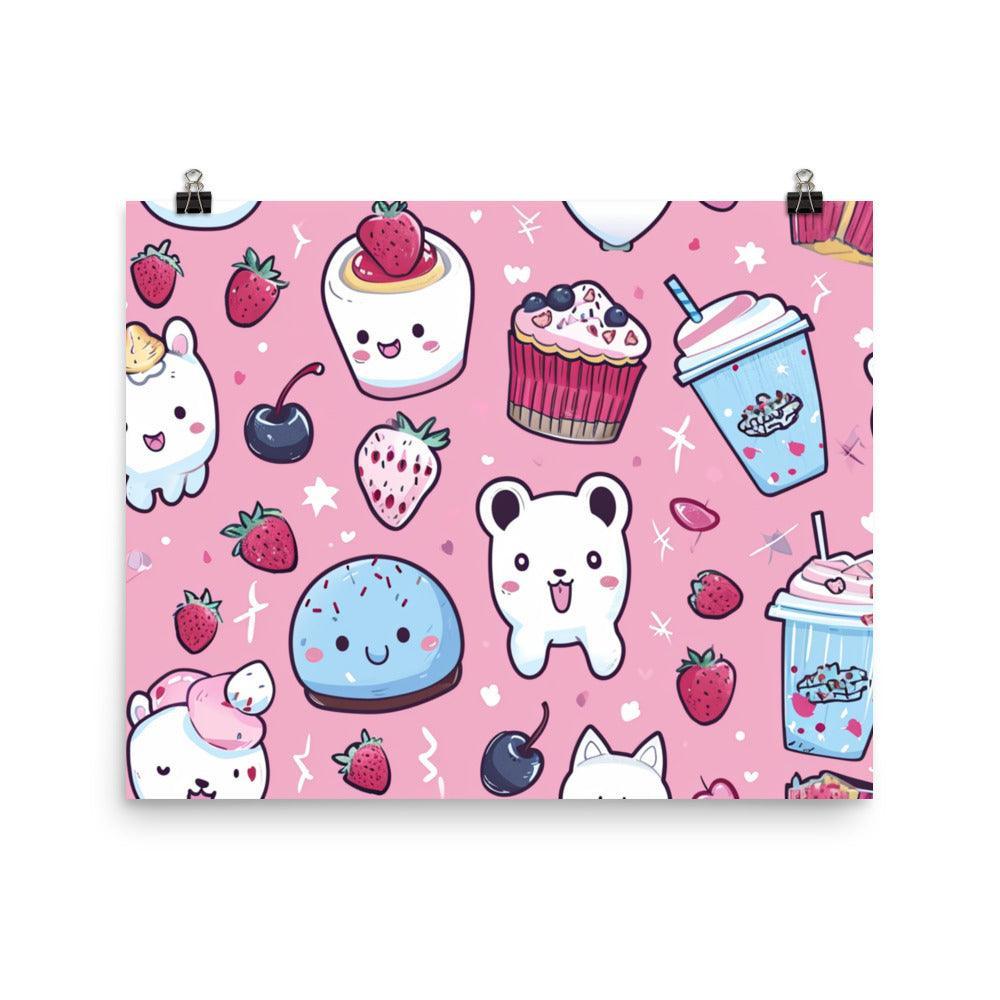 Kawaii Desserts and Beverages Adorable Characters Pattern on Pink Poster - Oh Posters