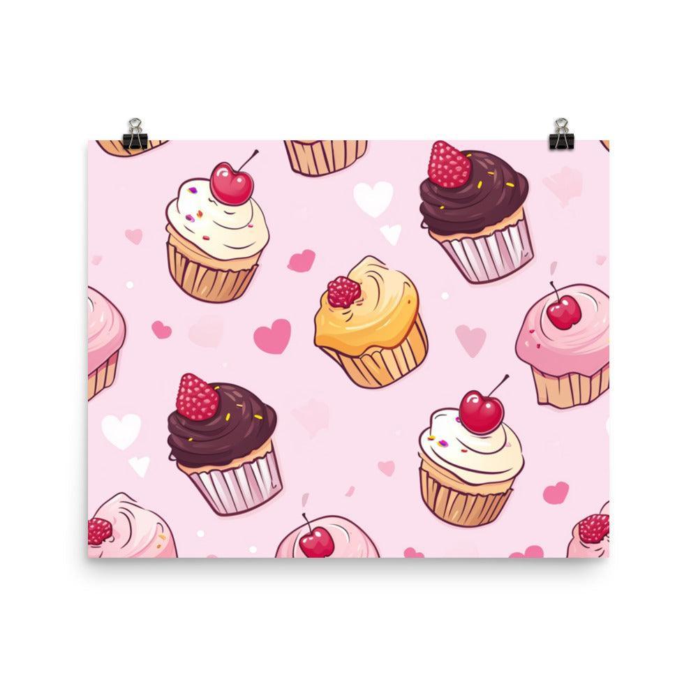 Kawaii Cute Cupcakes with Hearts Pattern on Pink Poster - Oh Posters