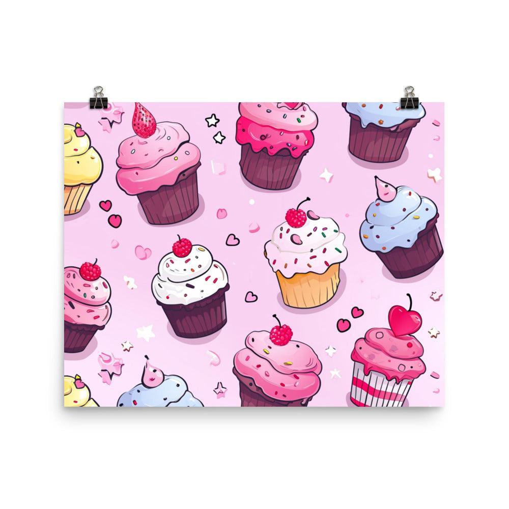 Delightful Kawaii Cupcakes with Sprinkles and Hearts Pattern on Pink Poster - Oh Posters