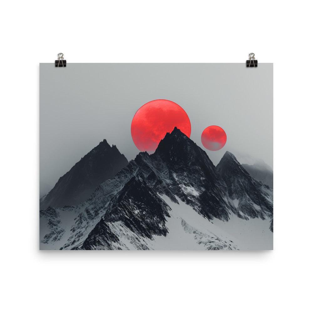 Extraterrestrial Red Moons Over Snowy Mountains Surreal Art Poster - Oh Posters