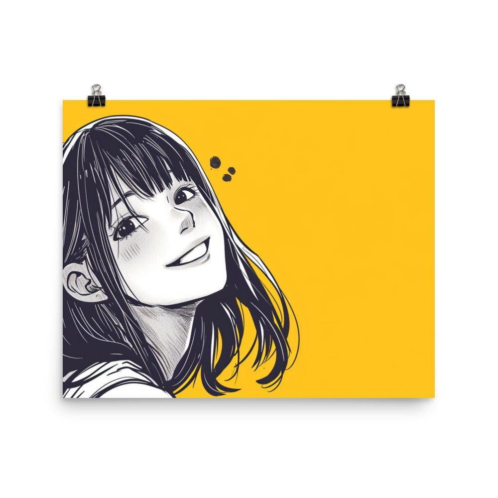 Cheerful Manga Girl Monochrome Portrait Yellow Background Poster - Oh Posters