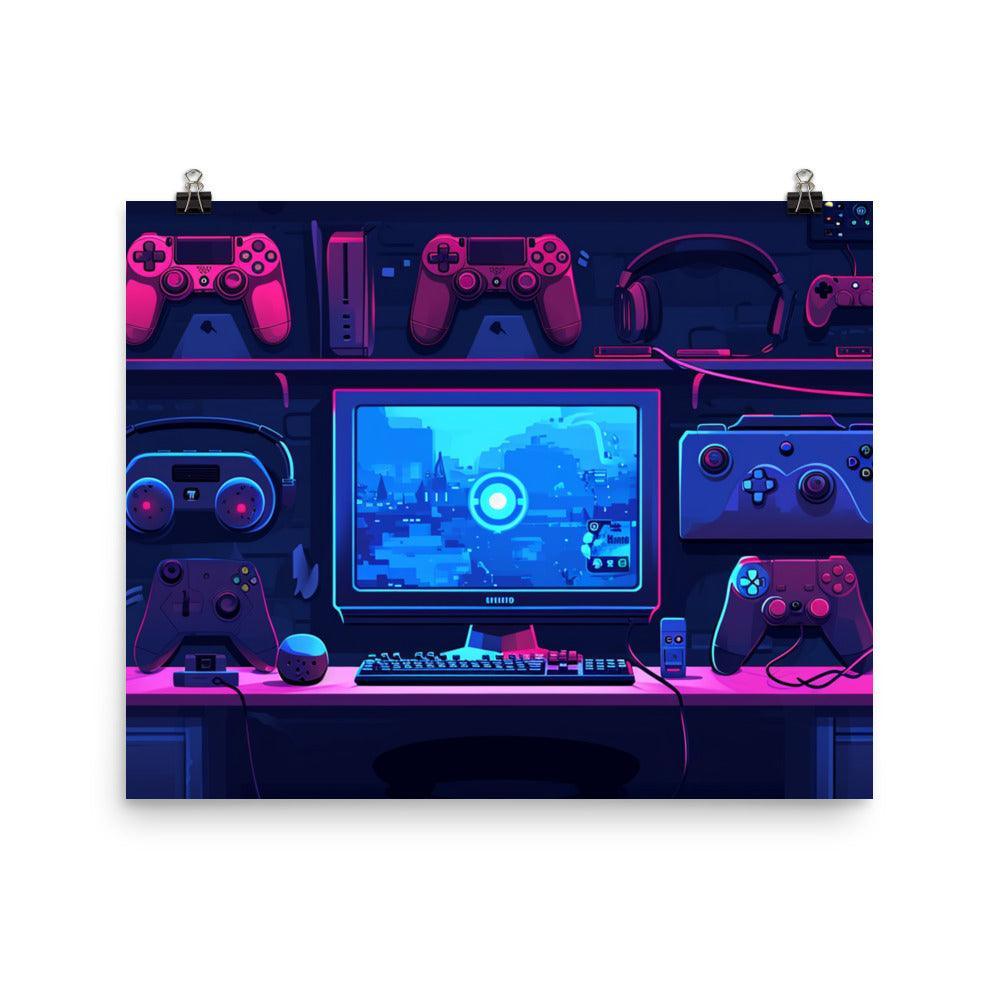 Gaming Setup Neon Glow Digital Art Poster - Oh Posters