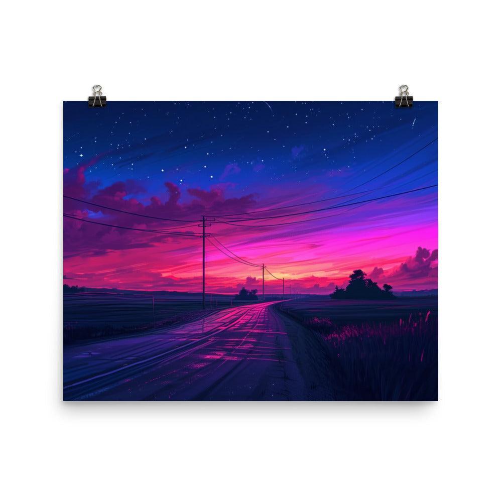 Dusk Road with Electricity Poles Vivid Digital Poster - Oh Posters