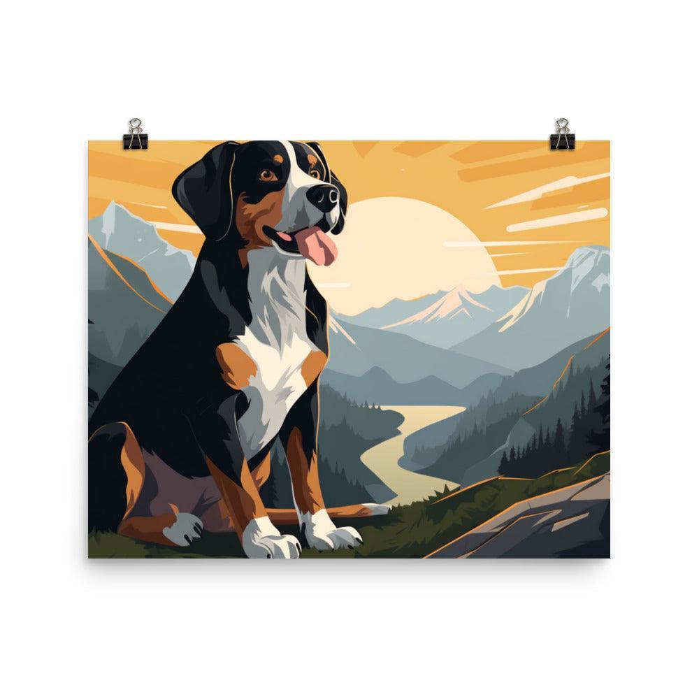 Entlebucher Mountain Dog Sunset Cartoon Scenery Poster - Oh Posters