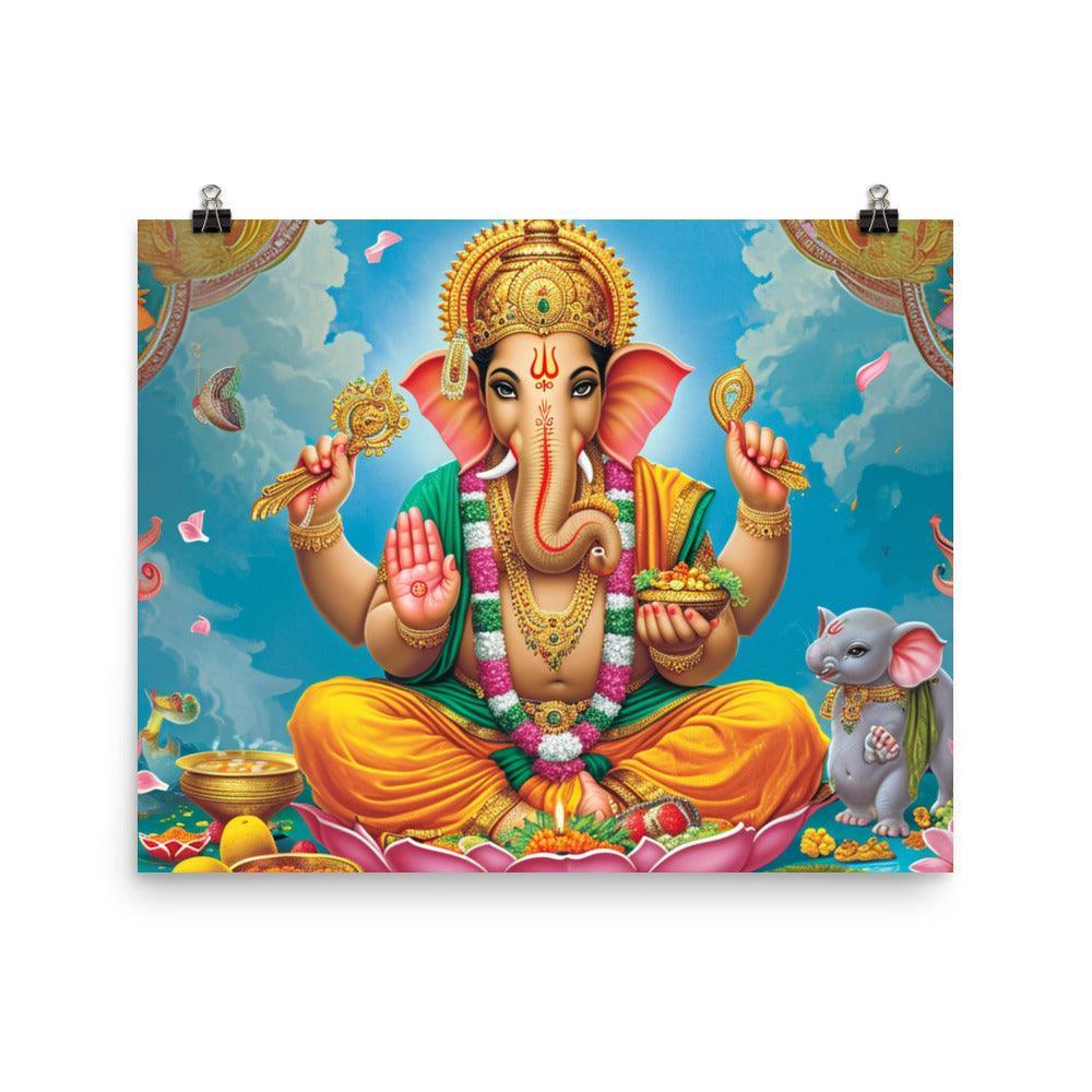 Ganesha Serene Deity with Mouse and Marigolds Poster - Oh Posters