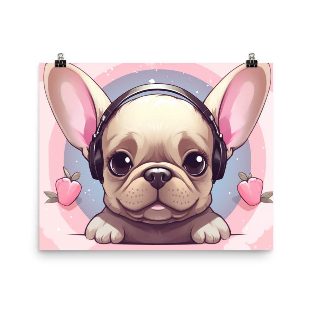 Fawn French Bulldog with Headphones Cute Pink Poster - Oh Posters