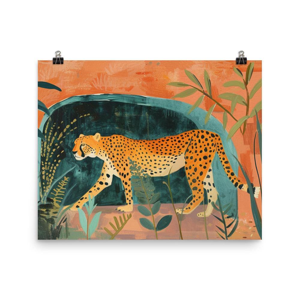 Serene Cheetah Orange Hues Nature Painting Poster - Oh Posters