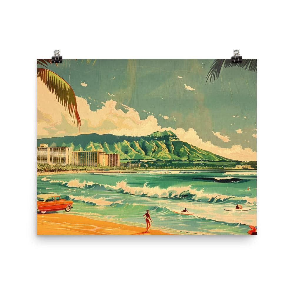 Classic Surfing Waikiki Retro Car Beach Scene Poster - Oh Posters