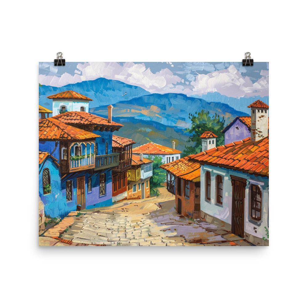 Bulgarian Village Blue Houses Oil Painting Poster - Oh Posters