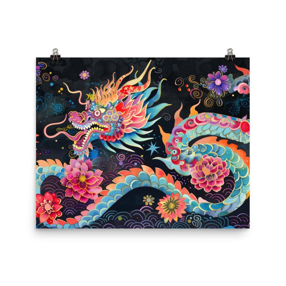 China Mythical Dragon and Night Blossoms Poster - Oh Posters