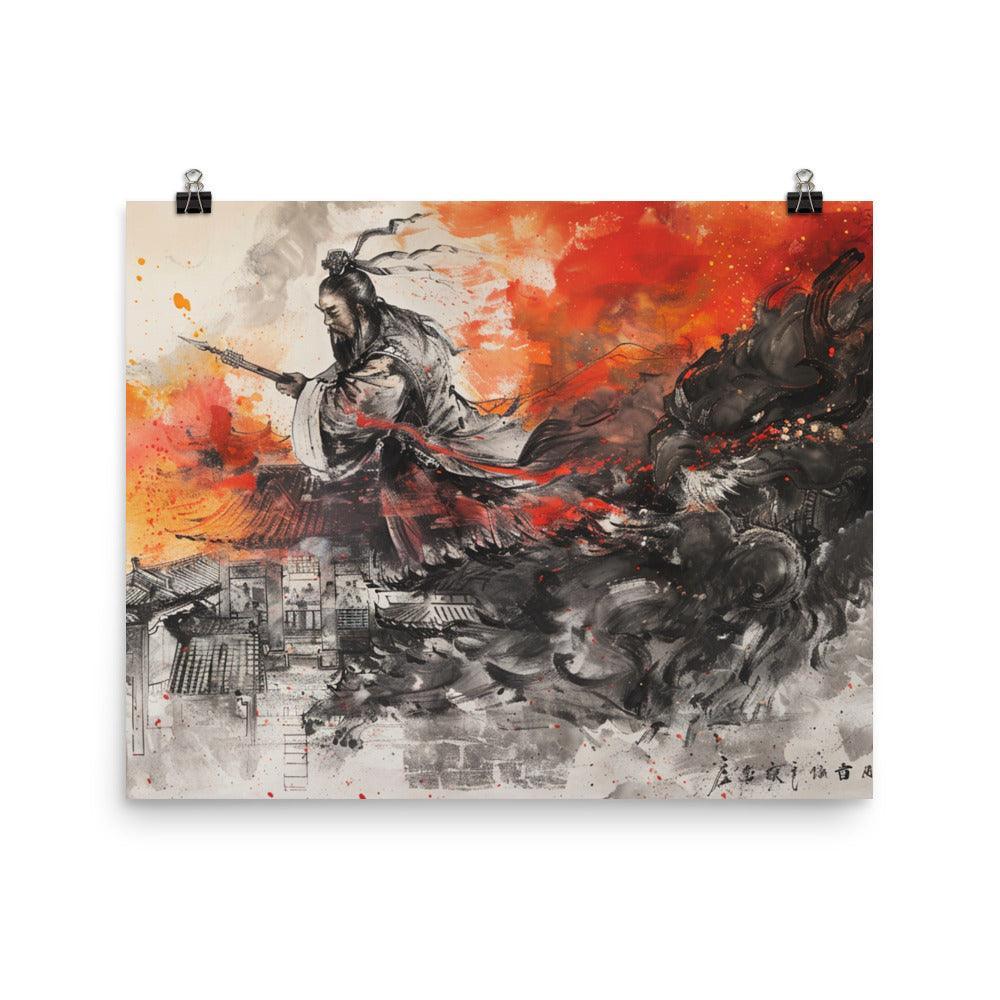 China Ancient Warrior and Dragon Battle Ink Painting Poster - Oh Posters