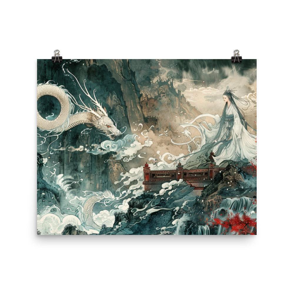 China Mystical Dragon and Goddess Waterfall Scene Poster - Oh Posters