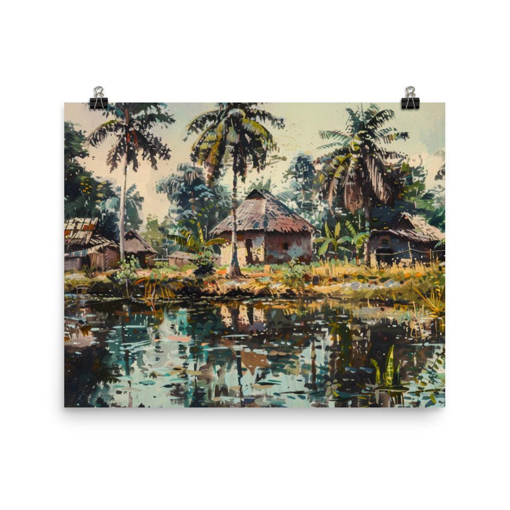 Côte d’Ivoire Riverside Village Tropical Painting Poster - Oh Posters